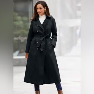 Jessica London Double Breasted Long Black Trench Rain Coat Hooded Women’s Sz 28